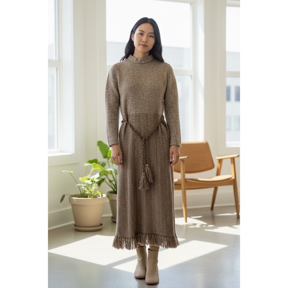 Saks Fifth Avenue Dresses & Skirts - Vintage Dalton Quiet Luxury Maxi Dress Womens Size 10 Tan Herringbone Fringe 70s